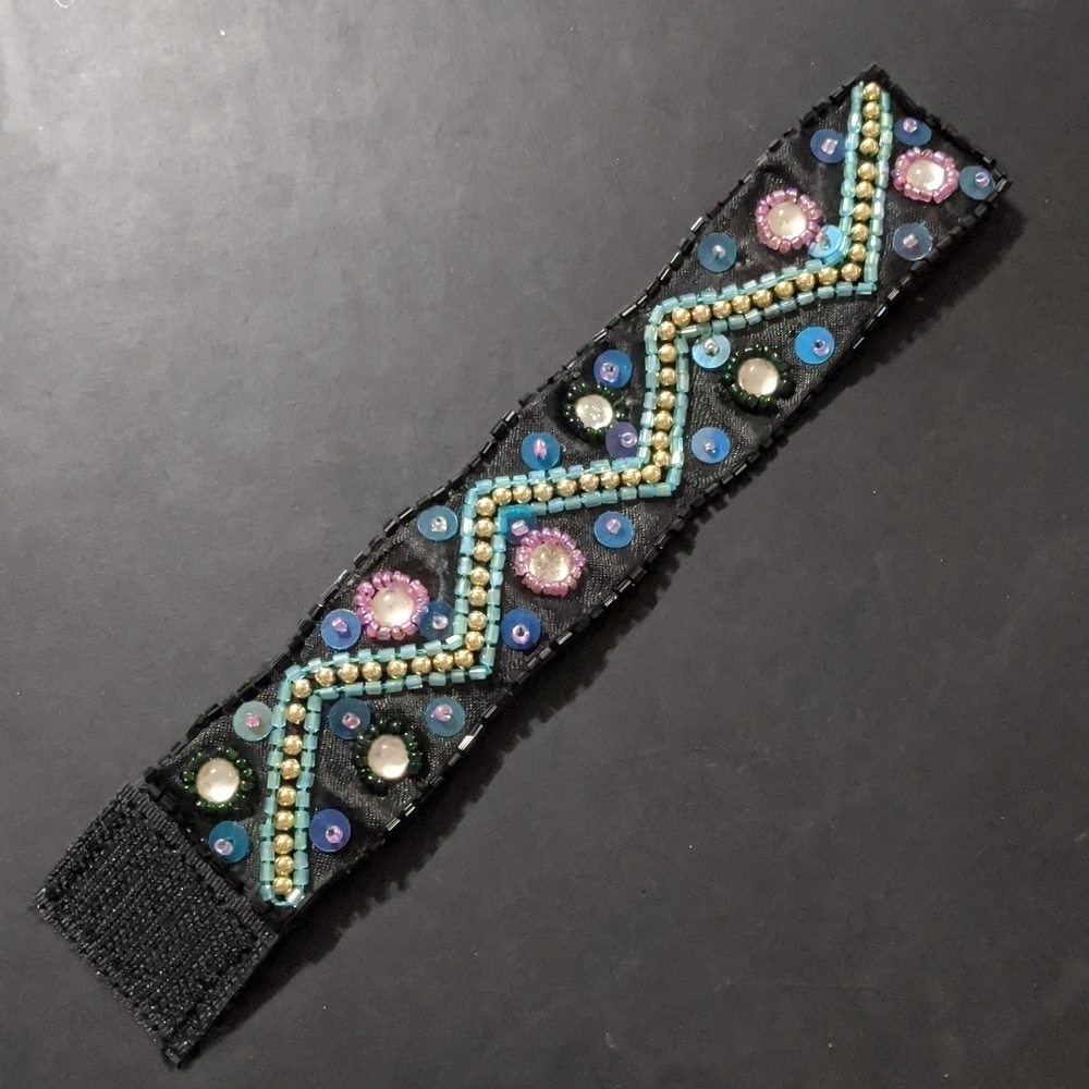 Black Fabric Blue and Gold Beaded Sequin Chevron Statement Bracelet